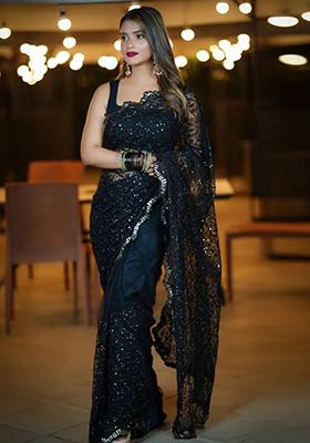 Black Sequin Embroidered Net Saree Set