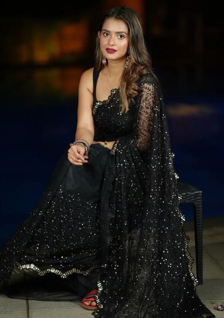 Black Sequin Embroidered Net Saree Set