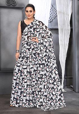 Black Digital Print Georgette Saree Set