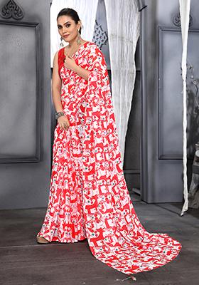 Red Digital Print Georgette Saree Set