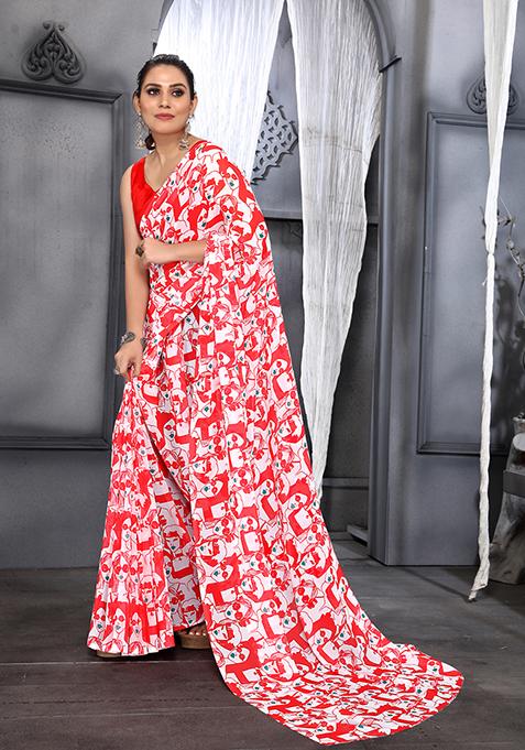Red Digital Print Georgette Saree Set
