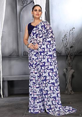 Navy Blue Digital Print Georgette Saree Set