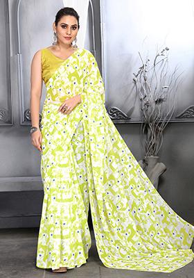 Lemon Yellow Digital Print Georgette Saree Set