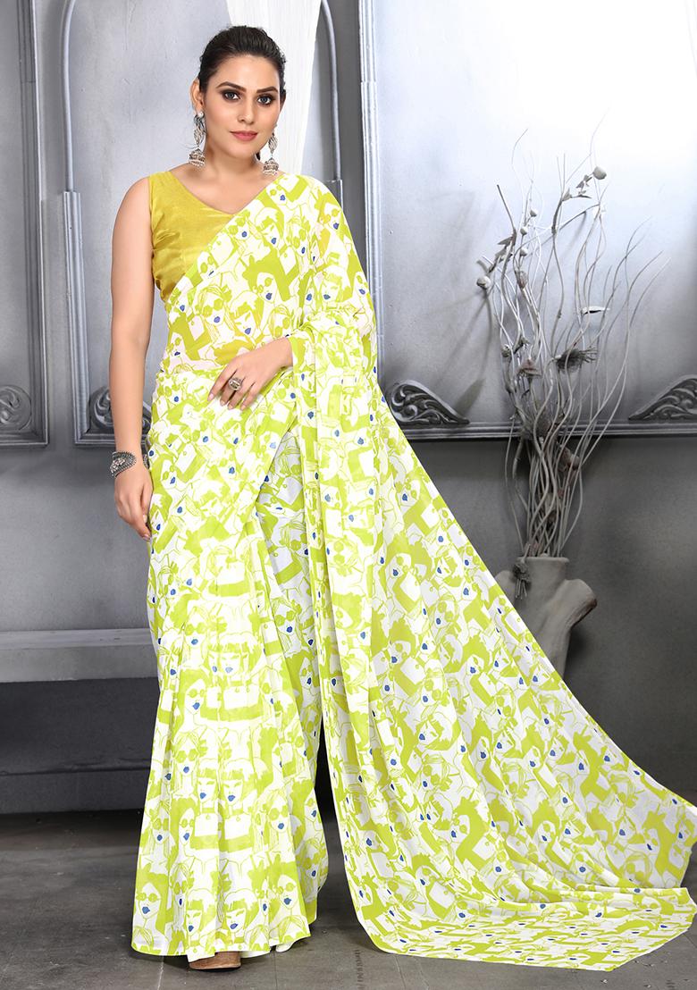 Lemon Yellow Digital Print Georgette Saree Set