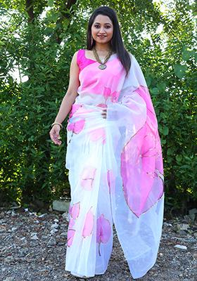 White Floral Print Organza Saree Set