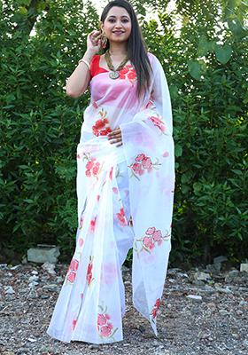 White Floral Print Organza Saree Set