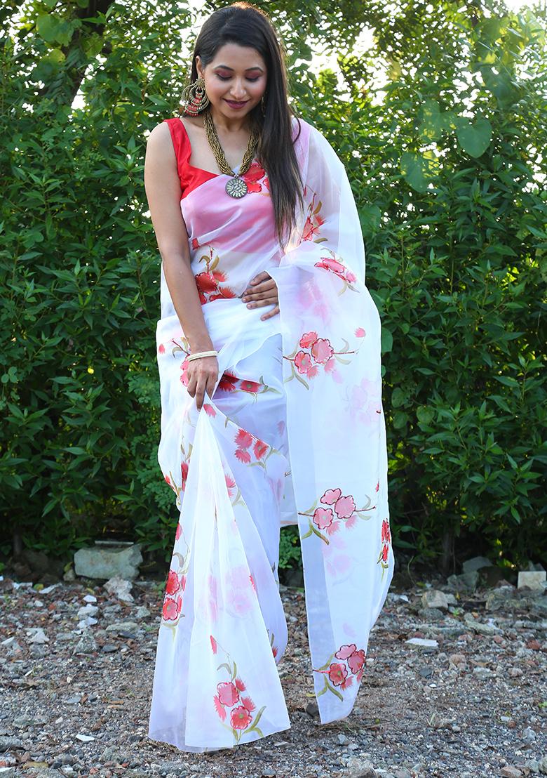 White Floral Print Organza Saree Set