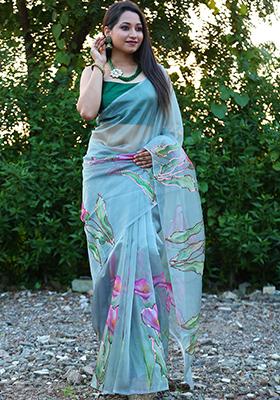 Green Floral Print Organza Saree Set