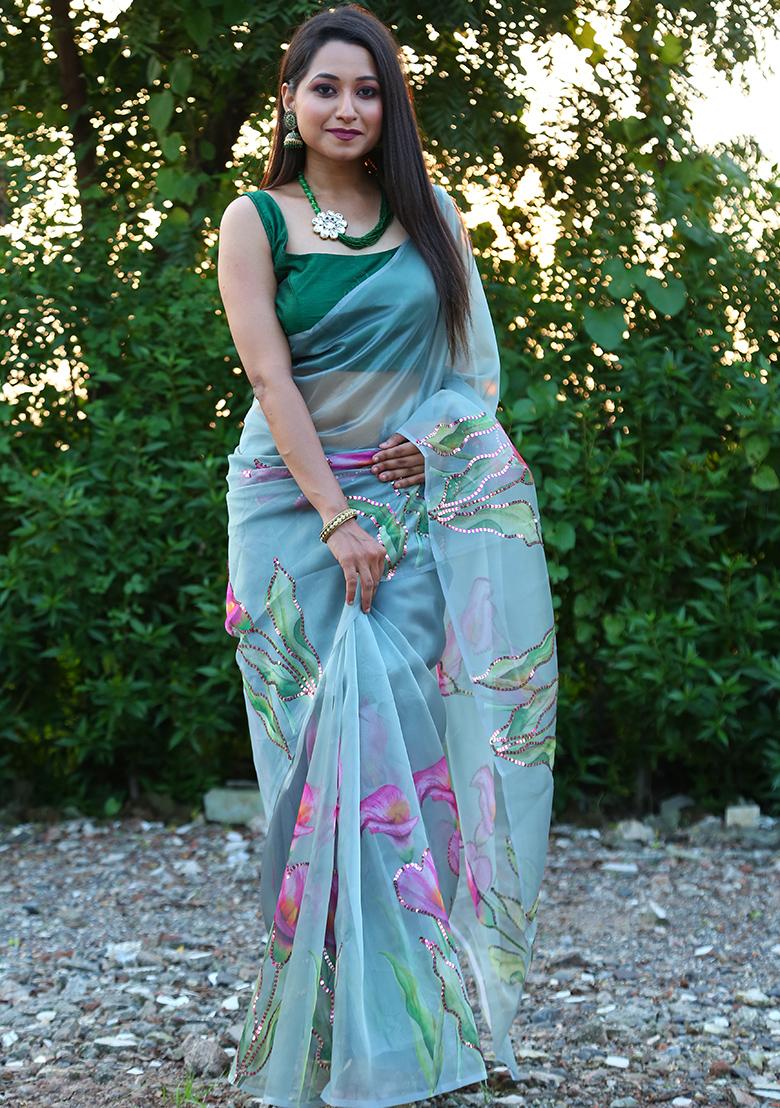 Green Floral Print Organza Saree Set