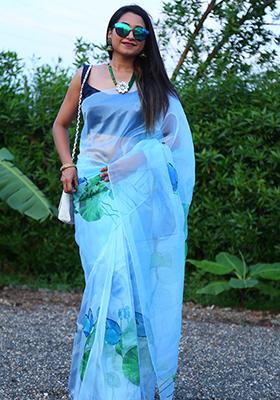 Sky Blue Floral Print Organza Saree Set