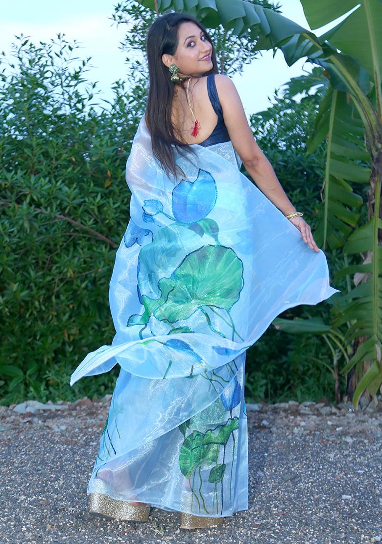 Sky Blue Floral Print Organza Saree Set