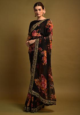 Black Floral Print Chiffon Saree Set