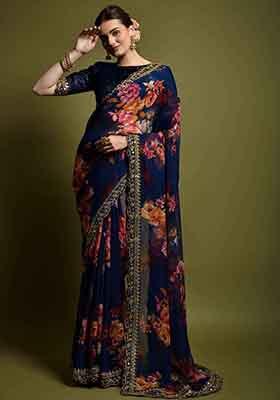 Blue Floral Print Chiffon Saree Set
