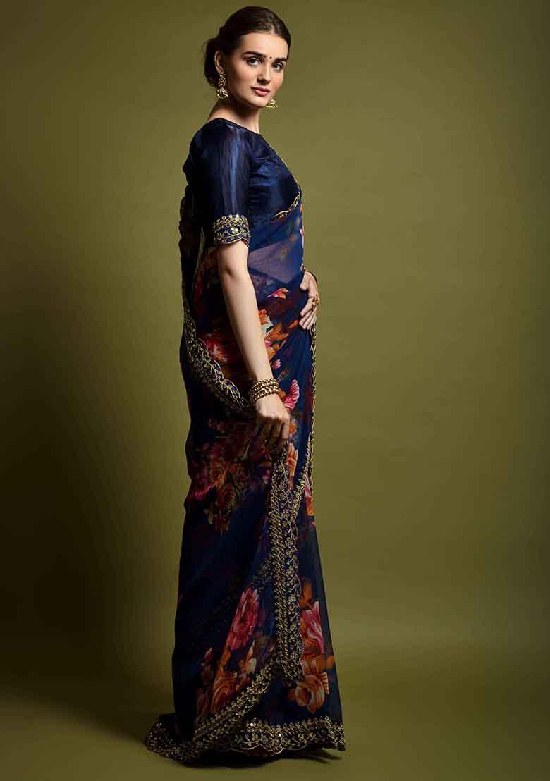 Blue Floral Print Chiffon Saree Set