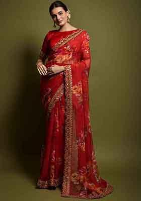 Red Floral Print Chiffon Saree Set