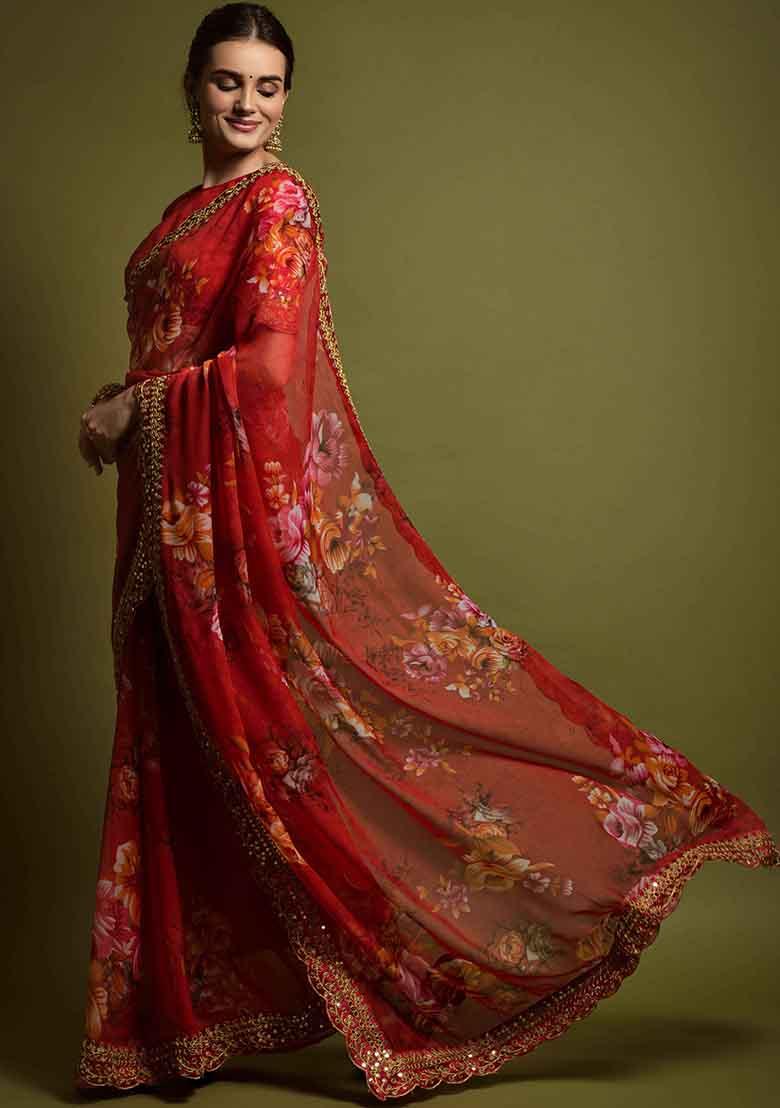Red Floral Print Chiffon Saree Set