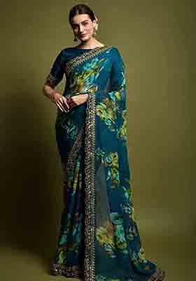 Teal Floral Print Chiffon Saree Set