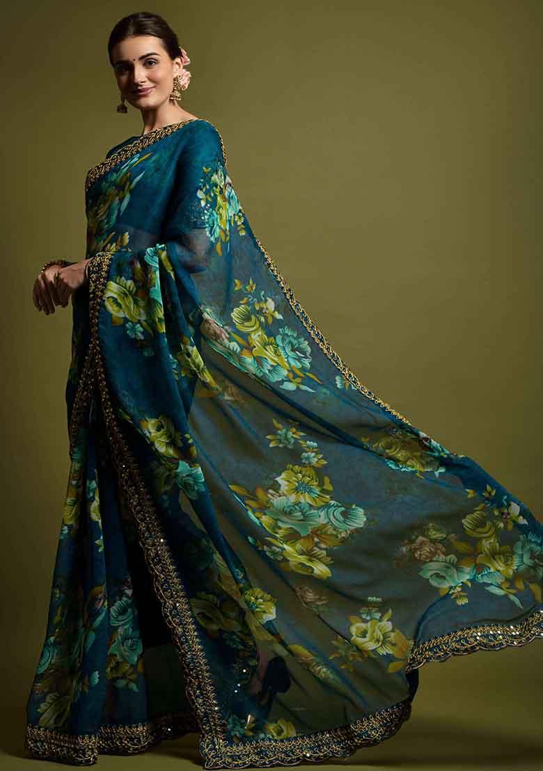 Teal Floral Print Chiffon Saree Set