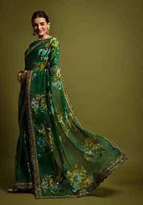 Green Floral Print Chiffon Saree Set