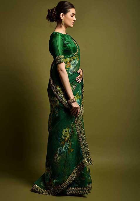 Green Floral Print And Skirt Sari Set