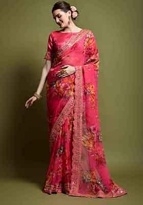 Pink Floral Print Chiffon Saree Set