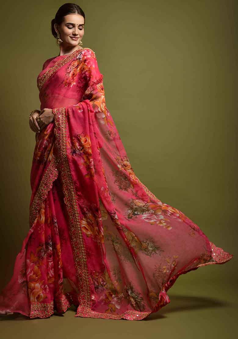 Pink Floral Print Chiffon Saree Set