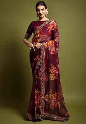 Wine Floral Print Chiffon Saree Set