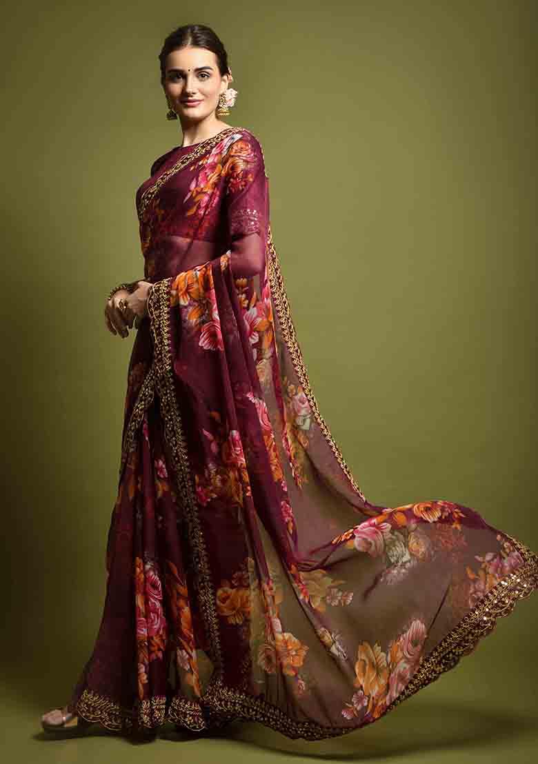 Wine Floral Print Chiffon Saree Set