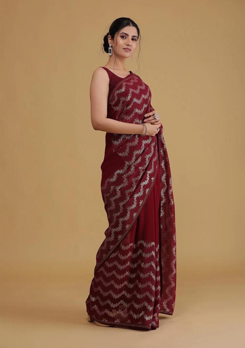 Maroon Sequin Embroidered Georgette Saree Set