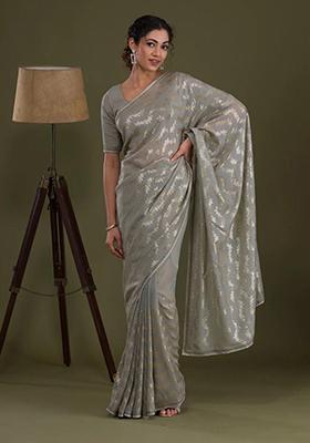 Grey Sequin Embroidered Georgette Saree Set