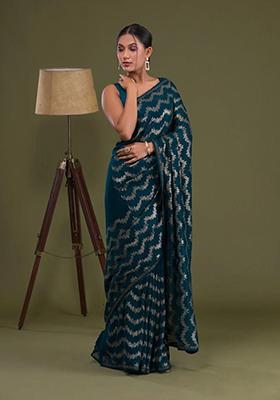 Teal Sequin Embroidered Georgette Saree Set