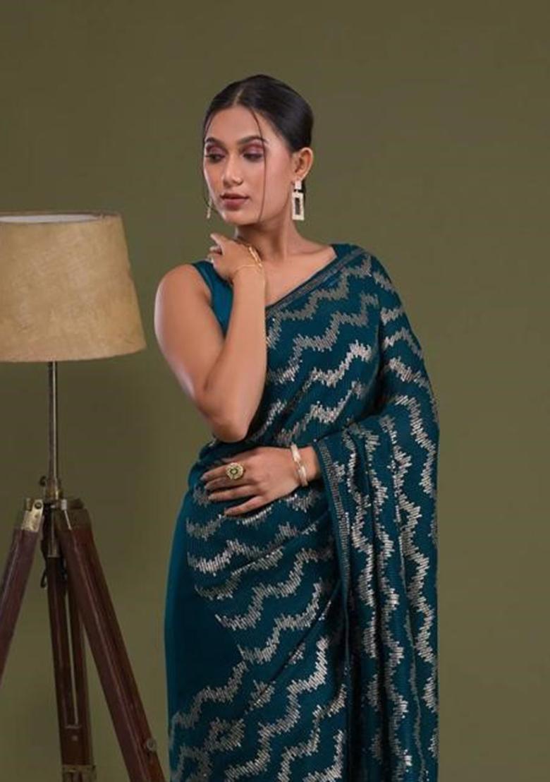 Teal Sequin Embroidered Georgette Saree Set