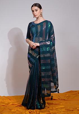 Teal Sequin Embroidered Georgette Saree Set
