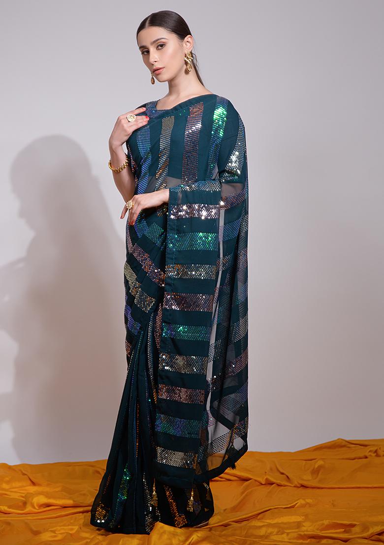 Teal Sequin Embroidered Georgette Saree Set
