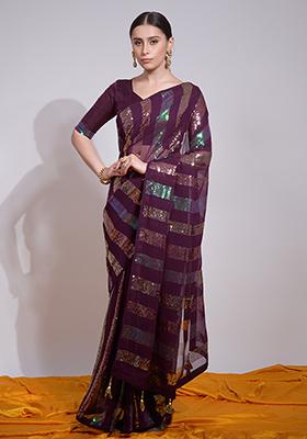 Wine Sequin Embroidered Georgette Saree Set