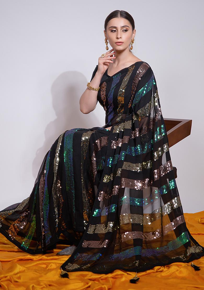 Black Sequin Embroidered Georgette Saree Set