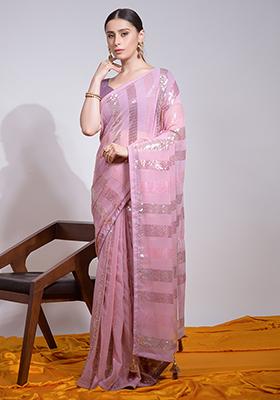 Pink Sequin Embroidered Georgette Saree Set