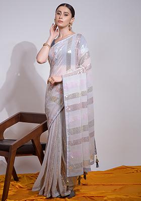 Grey Sequin Embroidered Georgette Saree Set