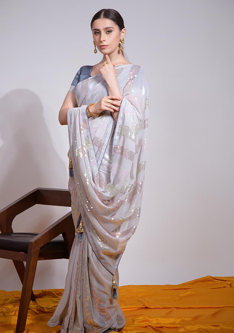Grey Sequin Embroidered Georgette Saree Set
