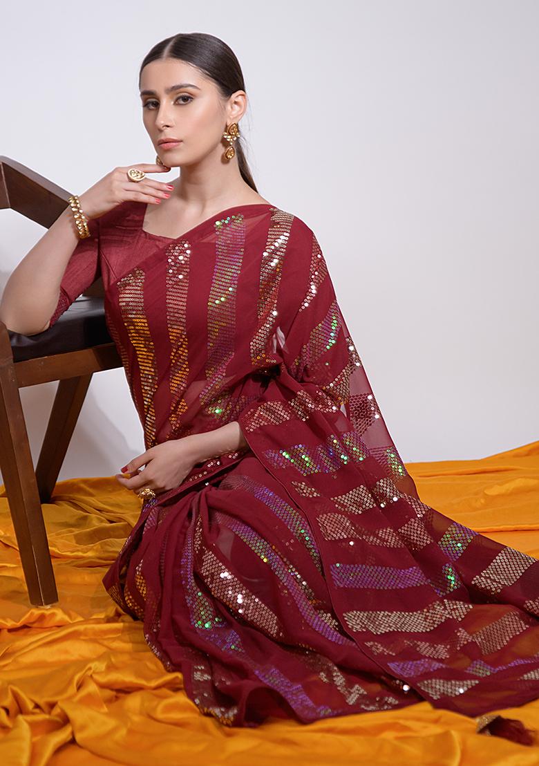 Maroon Sequin Embroidered Georgette Saree Set
