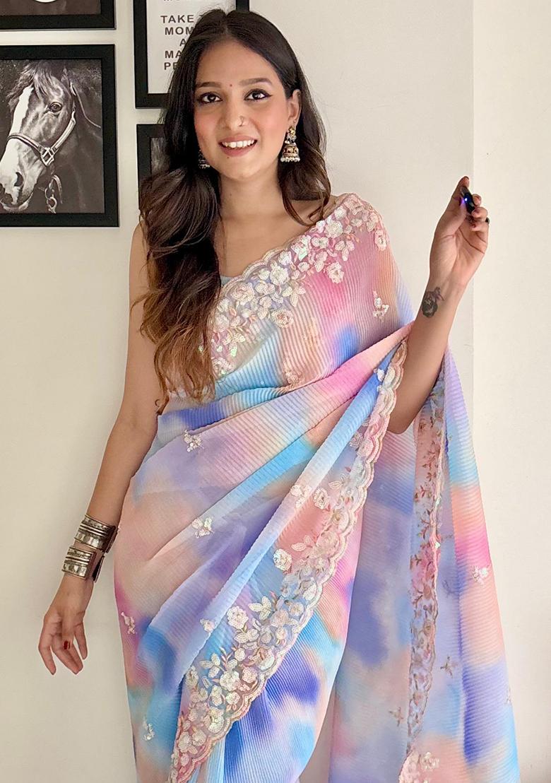 Multicolor Sequin Embroidered Georgette Saree Set