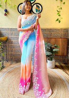 Multicolor Sequin Embroidered Georgette Saree Set