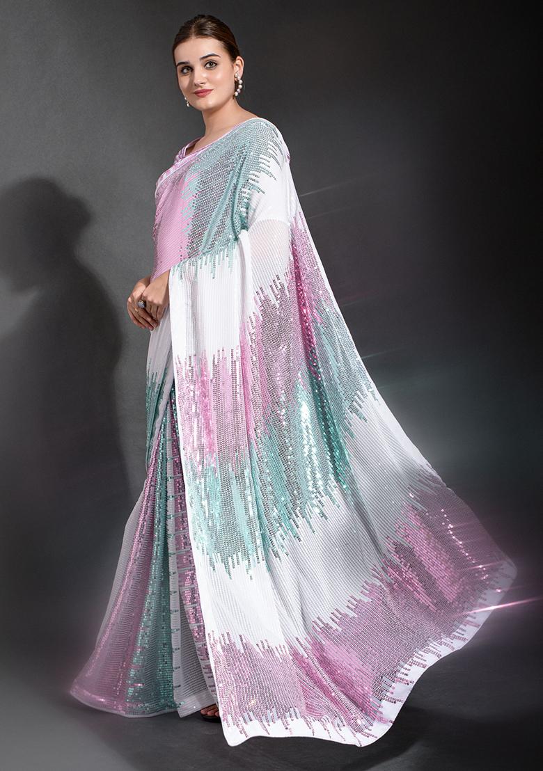 White Sequin Embroidered Georgette Saree Set