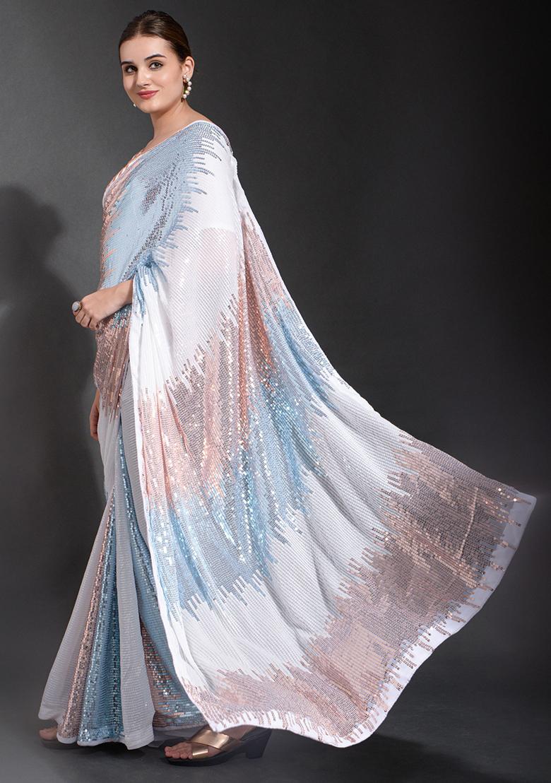 White Sequin Embroidered Georgette Saree Set