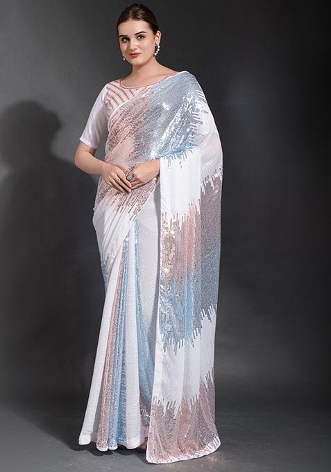 White Sequin Embroidered Georgette Saree Set