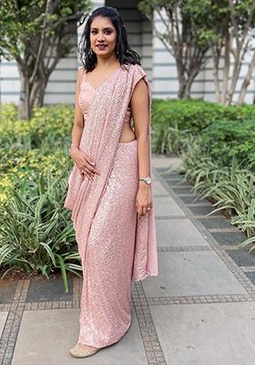 Peach Sequin Embroidered Georgette Saree Set