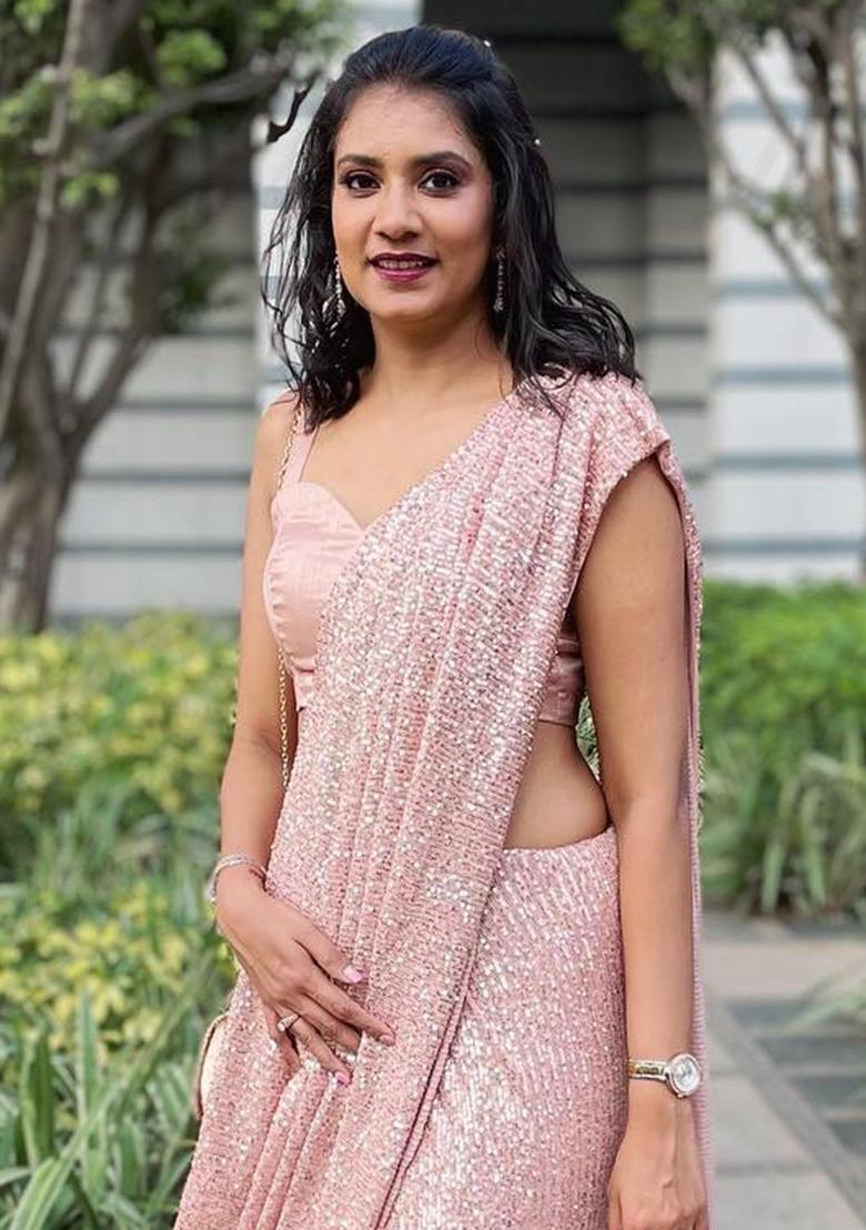 Peach Sequin Embroidered Georgette Saree Set