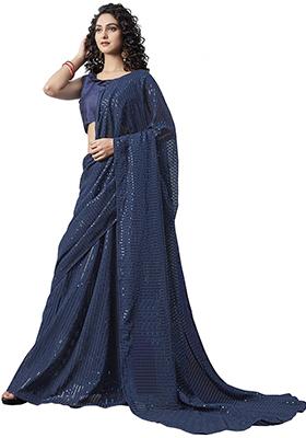 Navy Blue Sequin Embroidered Georgette Saree Set