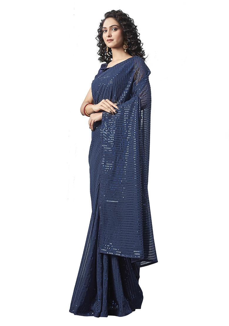 Navy Blue Sequin Embroidered Georgette Saree Set