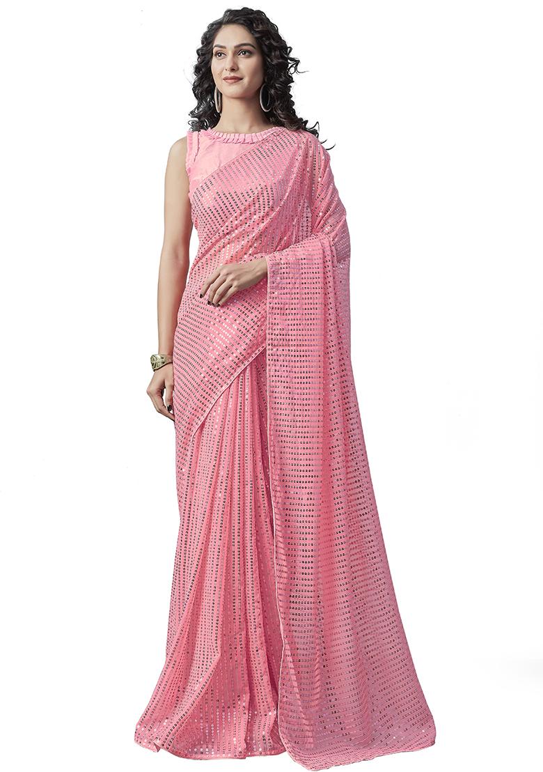 Pink Sequin Embroidered Georgette Saree Set